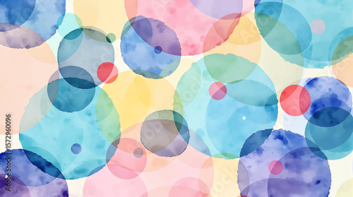 Soft watercolor circles overlapping in vibrant colors, creating a modern abstract pattern full of movement, harmony, and playful energy
