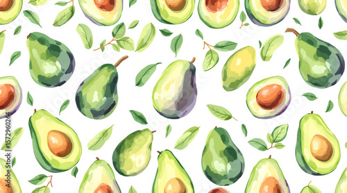 Hand-painted avocados in rich green tones, forming a playful seamless design inspired by natural textures and modern food aesthetics