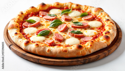 Delicious tuna pizza with golden crust and fresh basil on a rustic wooden plate, showcasing mouthwatering culinary artistry.