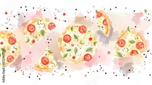 Seamless watercolor pattern featuring isolated pizza slices on a clean white background ideal for fast food and Italian cuisine designs