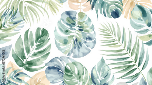 Watercolor pattern green leaves on white background
