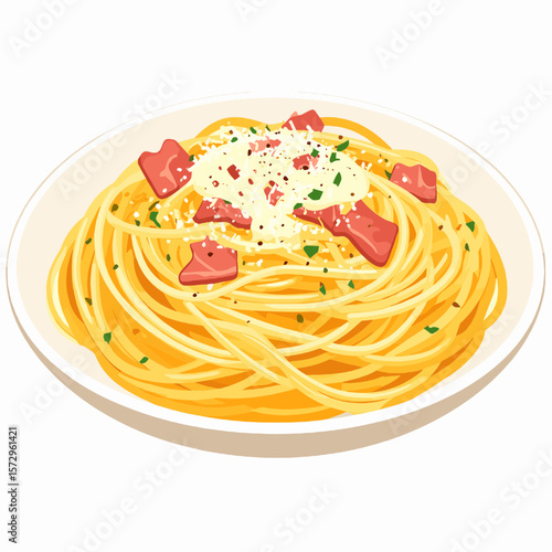 Appetizing Spaghetti Carbonara with Bacon and Parmesan Cheese in White Plate Close Up