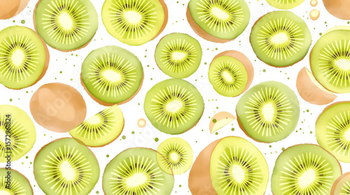 Fresh watercolor kiwi slices scattered across a light background, creating a vibrant, juicy pattern full of energy and tropical freshness