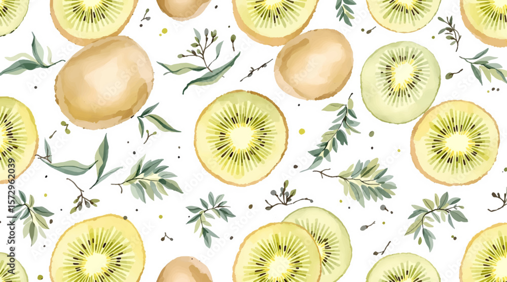 Fototapeta premium Hand-painted kiwi fruits in soft green tones, forming a playful seamless design inspired by natural textures and healthy living