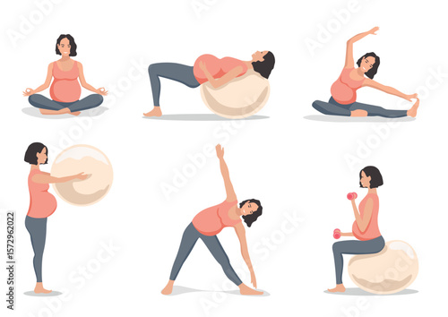 Cute beautiful pregnant woman is doing exercises with a fitball, stretching and relaxation. Sports during pregnancy. Set of vector illustrations.