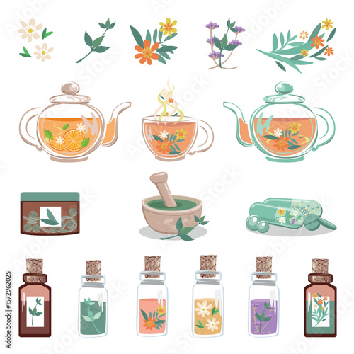 Set of herbal preparations, essential oil, herbal tea and medicinal herbs. Phytotherapy. Alternative medicine. Vector illustration for advertising, leaflets and social networks.