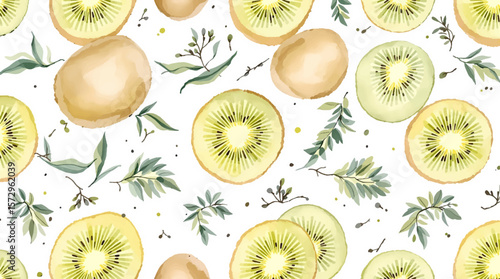 Hand-painted kiwi fruits in soft green tones, forming a playful seamless design inspired by natural textures and healthy living