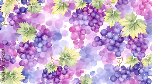 Lush watercolor grape clusters with soft green leaves, forming a rich, elegant pattern inspired by nature, vineyards, and seasonal abundance