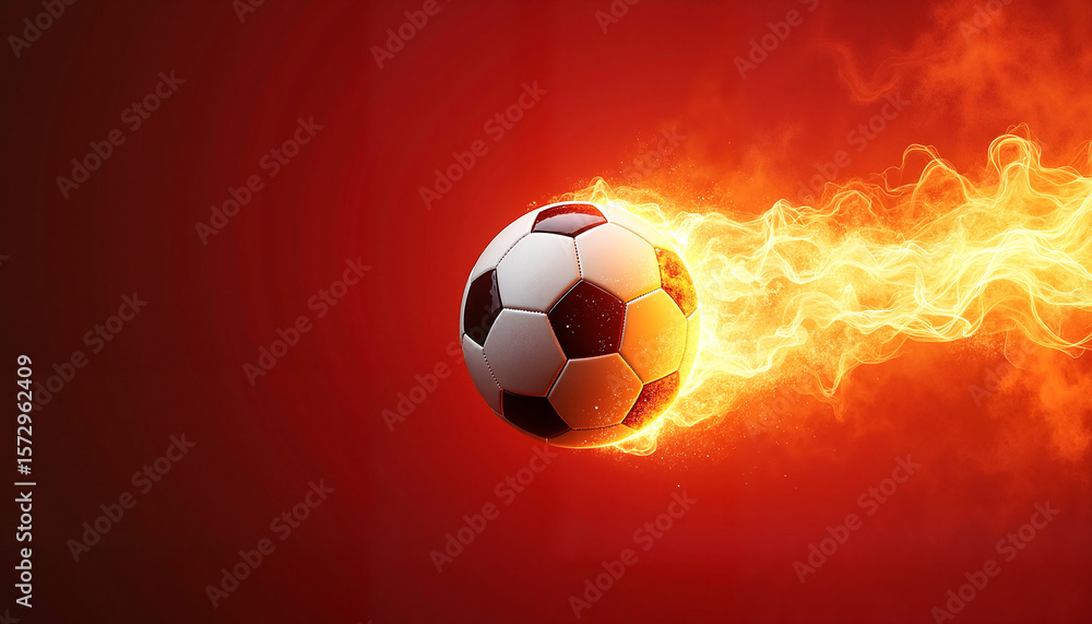 Fototapeta premium Flaming soccer ball streaking through the air, leaving a trail of fire and smoke against a deep red gradient background, dynamic sports concept