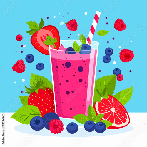 Bright Pink Berry Smoothie with Strawberries Blueberries and Mint Leaves on Light Blue Background Pixel Style