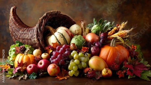 A beautiful cornucopia overflowing with autumn harvest vegetables and fruits, on a wooden table, Thanksgiving centerpiece.