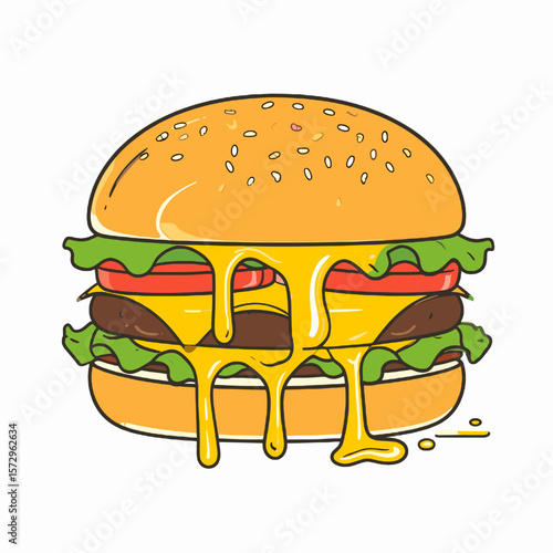 Cartoon Cheeseburger with Dripping Melted Cheese Fresh Vegetables and Sesame Seed Bun Isolated on White Background
