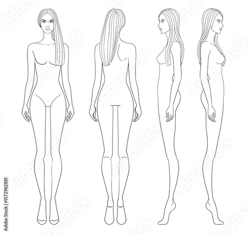 Fashion outline sketch croquis figurines front side back view with straight long hair woman in vector.
