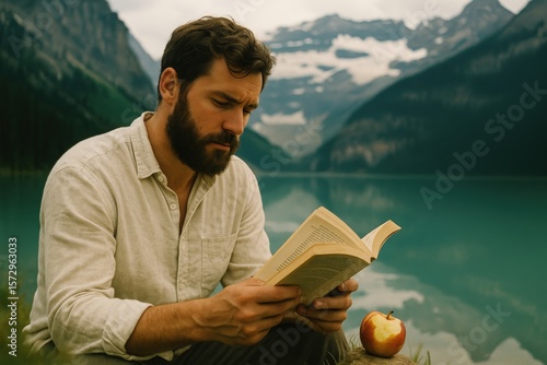 Tranquil reading by scenic alpine lake in mountainous landscape