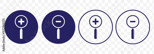 Search Line and Zoom in Icons. Magnifying Glass with Plus and Minus Icon For Mobile and Web Isolated on Transparent Background.