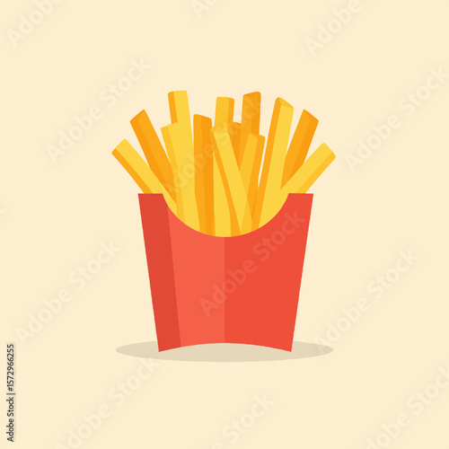French Fries in Red Paper Container on Beige Background Illustration for Menu and Fast Food Graphic Design