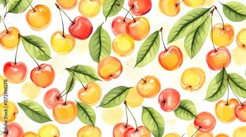 Hand-painted cherries in rich red tones, forming a lively seamless design inspired by summer sweetness and botanical beauty