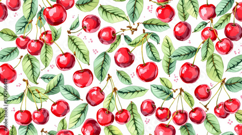Bright watercolor cherries with lush green leaves scattered across a light background, creating a fresh, vibrant pattern full of natural charm