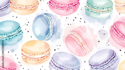 Delicate watercolor macarons in pastel shades scattered across a soft background, creating an elegant and sweet pattern full of charm
