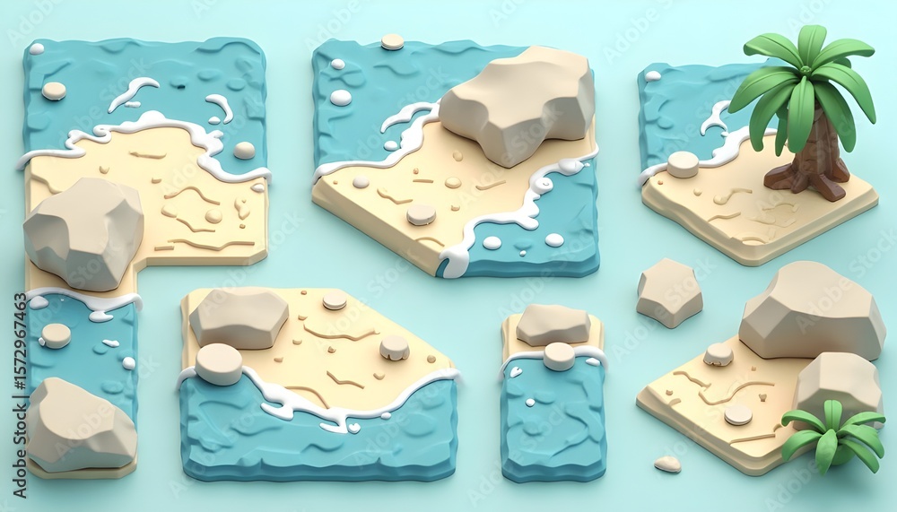 Naklejka premium Abstract Isometric Map Elements of a Beach with Rocks and Water (Variation)
