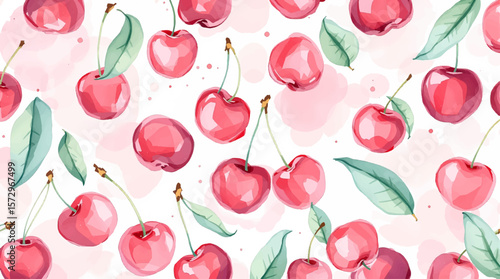 Hand-painted cherries in rich red tones, forming a lively seamless design inspired by summer sweetness and botanical beauty