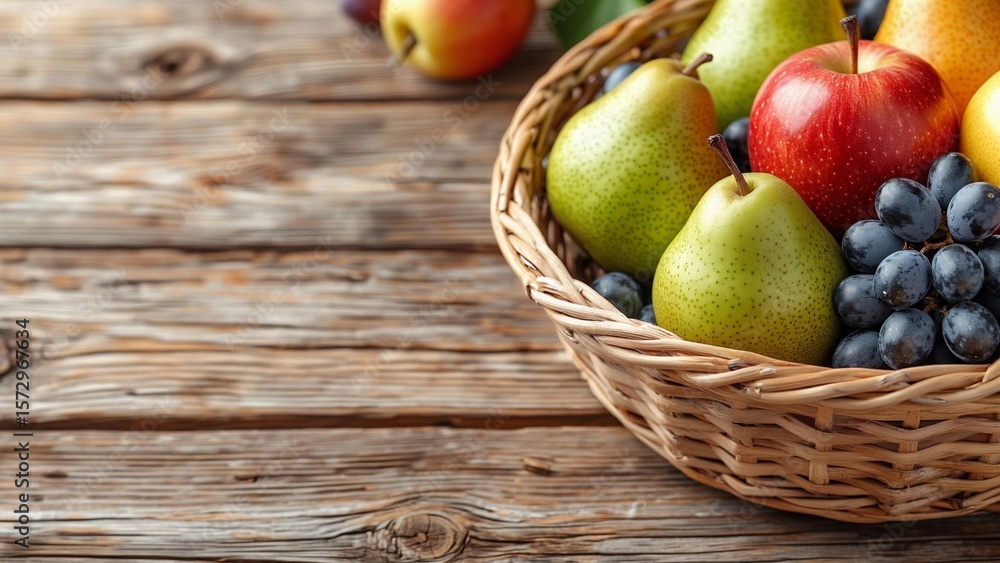 Rustic Fruit Basket on Wooden Table with Space for Text – Farmhouse Style Product Shot, AI Generation Rustic Fruit Basket on Wooden Table with Space for Text – Farmhouse Style Product Shot, AI Generation