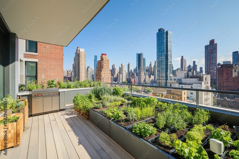 Fototapeta premium Modern rooftop kitchen garden with city skyline views offering a vibrant urban oasis for gardening enthusiasts, Modern rooftop kitchen garden with plants and city view under clear sky Urban