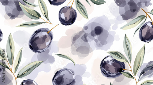 Watercolor Olive Branch Pattern With Purple Olives And Green Leaves On Light Background