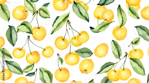 Bright watercolor cherries with lush green leaves scattered across a light background, creating a fresh, vibrant pattern full of natural charm