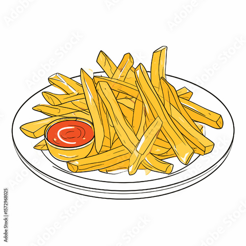 Illustration of Golden French Fries with Ketchup on White Plate Simple and Clean Background