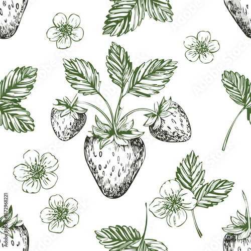 Hand drawn strawberry plant with fruit and flowers seamless pattern strawberries nature