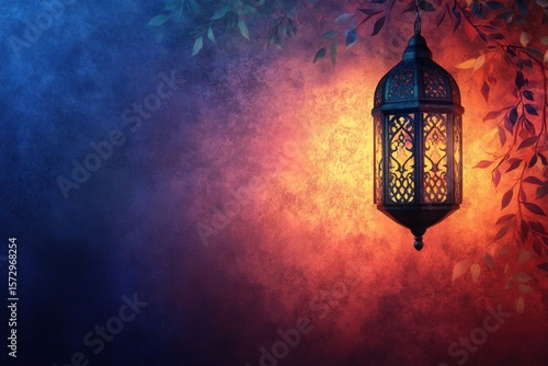 Lantern illuminating a vibrant background inspired by Islamic art and culture, Islamic Background With Lantern