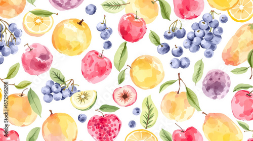 Watercolor Fruit Pattern With Apples Grapes Peaches And Berries For Background Design
