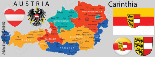 Updated vector of Carinthia Austria coat of arms, flag and map. Latest version for Austrian themed designs, education, and regional identity use.