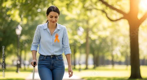Woman with Multiple Sclerosis Awareness Ribbon Walking with Cane in Park