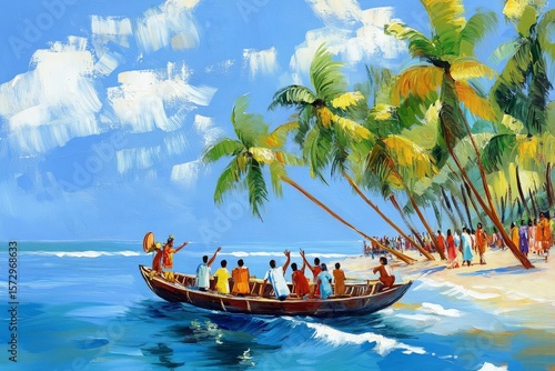 Onam festival, chundanvallom boat on Kerala coast, palm trees, people on boat, people around the coast, vibrant colors, festive mood, detailed scenery