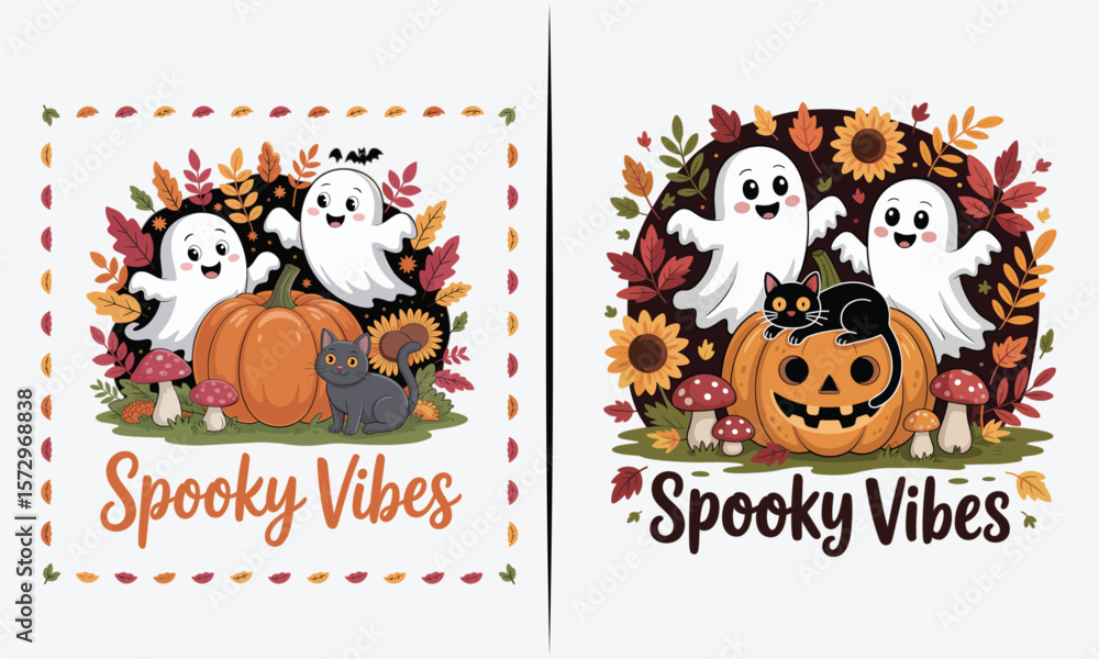 Fototapeta premium Spooky Vibes Halloween Ghosts with Pumpkins, Cats, and Sunflowers, Fall Design Perfect for T-shirts, Cards, and Seasonal Decorations