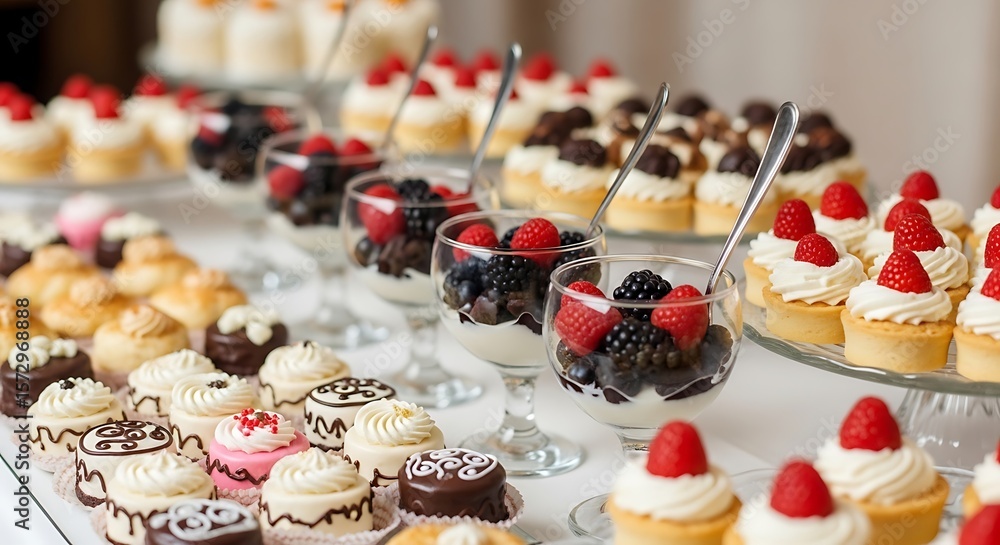 Naklejka premium An abundant dessert buffet features a variety of sweet treats including cupcakes tarts and fresh berries in elegant glassware creating a visually appealing celebration spread for parties