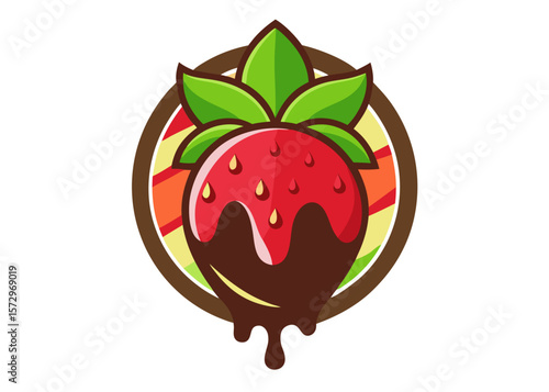 Chocolate dipped strawberry with green leaves and colorful stripes in a circle