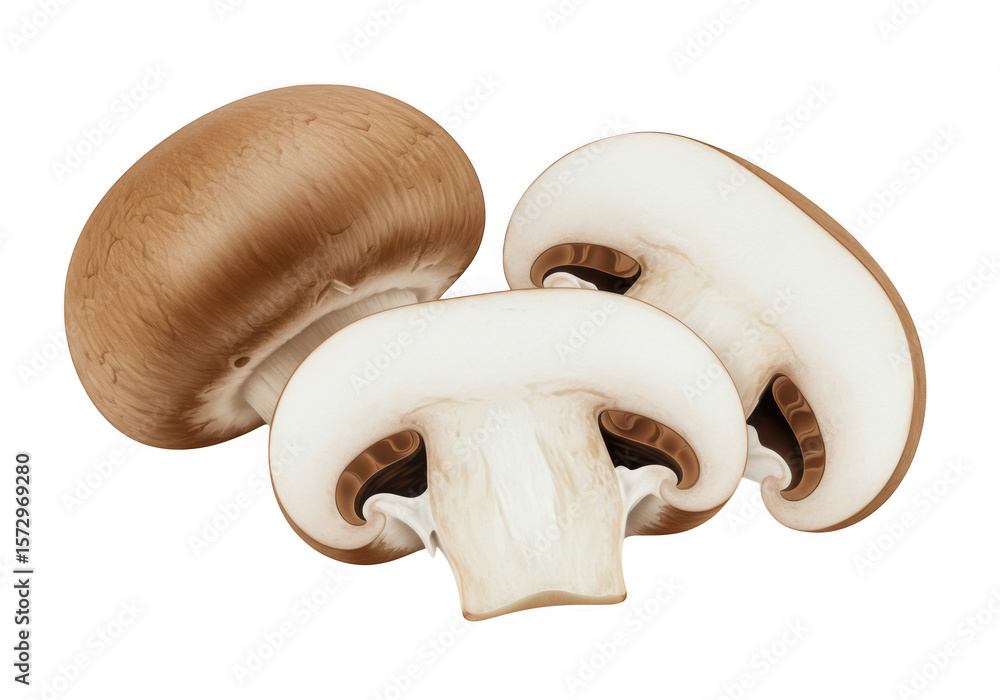 Fototapeta premium Three brown mushrooms one whole and two slices isolated on transparent background