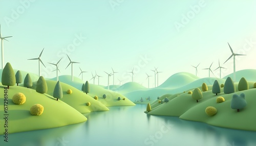 Vast Green Landscape with Rolling Hills River and Numerous Wind Turbines