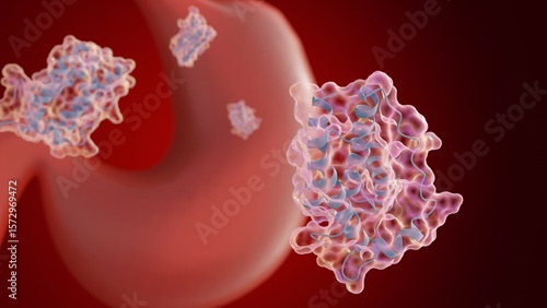 Tablou pe pânză A 3d rendering of scattered leptin molecules and human stomach