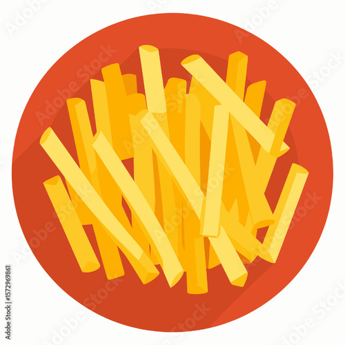Overhead View of French Fries on a Red Plate Offering a Golden Yellow Color and Flat Style Illustration Isolated on White Background