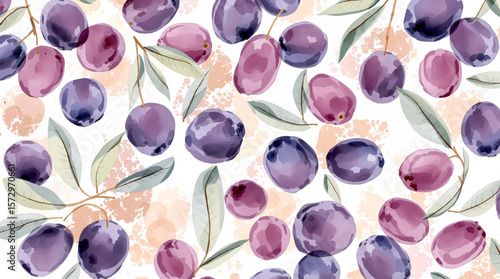 Watercolor Olive Branch Pattern With black Olives And Green Leaves On Light Background