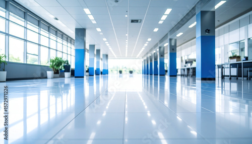 Wallpaper Mural Bright clean office space with shiny tiled floor and blue pillars, natural light from large windows, modern interior design creating fresh and spacious atmosphere Torontodigital.ca