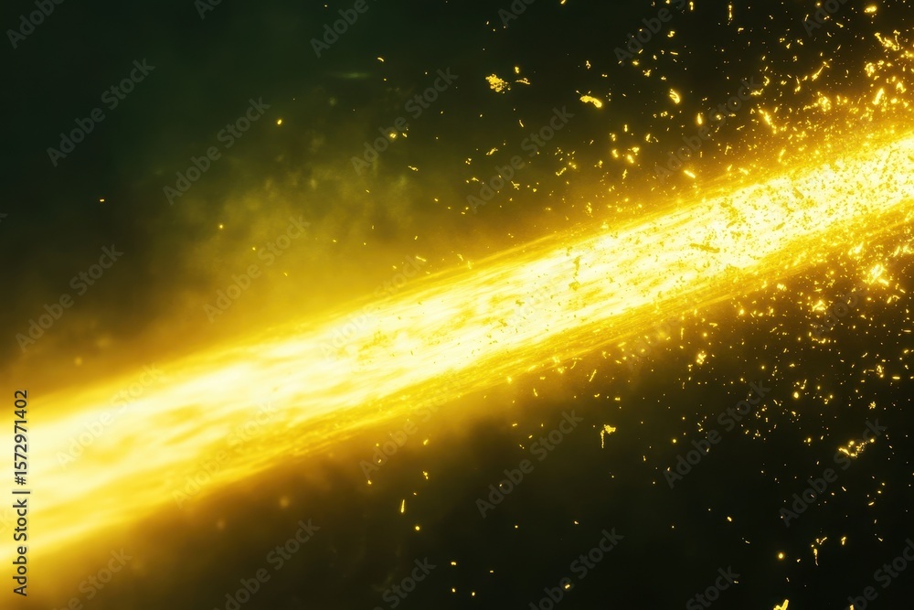 Fototapeta premium Bright yellow light beam with floating particles creates an ethereal atmosphere in a dark setting, yellow light beam and particles flying around