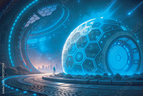 Futuristic technology background with glowing circle mesh and blue neon light effect. Future world backdrop design concept powered by AI artificial intelligence.