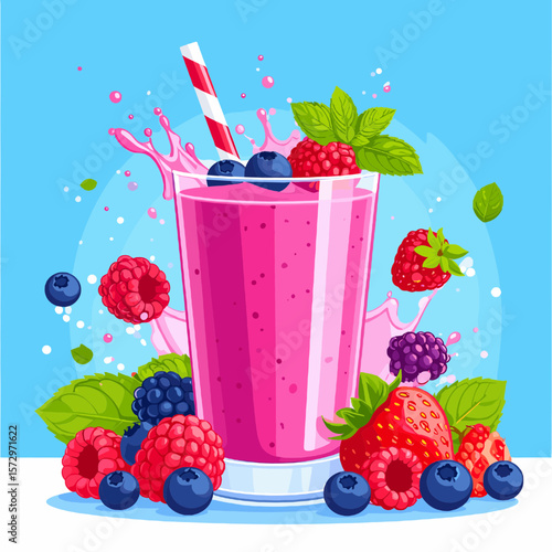 Pixel Art Fruity Smoothie with Strawberries Raspberries and Blueberries on a White Table Against a Light Blue Backdrop