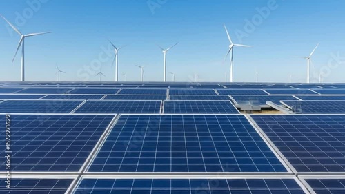 Wind Turbines Turning Over Solar Panel Farm on Sunny Day