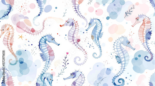Delicate seahorses with flowing shapes and soft splashes, expressing serenity, imagination, and a soothing aquatic atmosphere